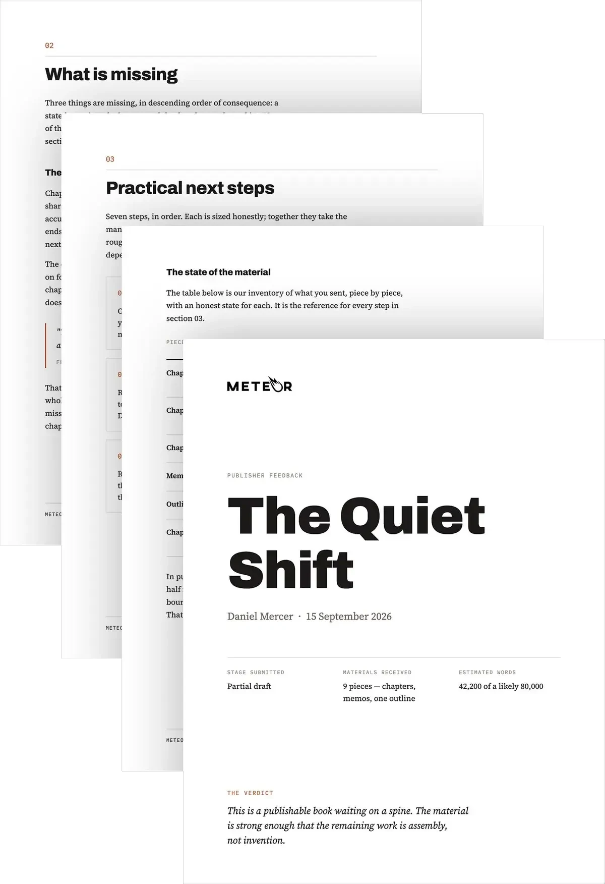 Sample pages from a Meteor publisher feedback report
